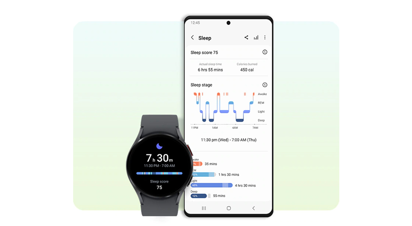Graue Smartwatch zeigt 7:30 Uhr. Daneben ein Smartphone mit Schlafdaten-App, die Schlafphasen und Kalorienverbrauch anzeigt.