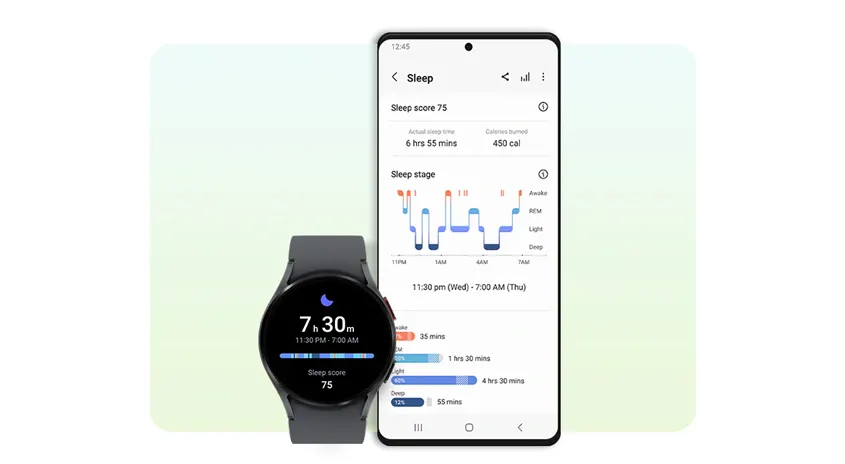 Graue Smartwatch zeigt 7:30 Uhr. Daneben ein Smartphone mit Schlafdaten-App, die Schlafphasen und Kalorienverbrauch anzeigt.