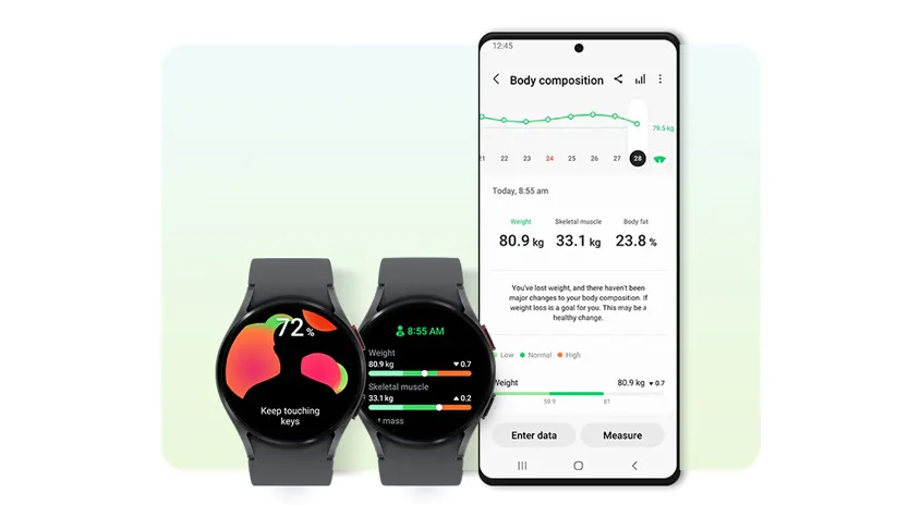 Zwei Smartwatches und ein Smartphone zeigen Gesundheitsdaten an. Auf den Uhren sind Prozentzahlen und Messwerte zu sehen.