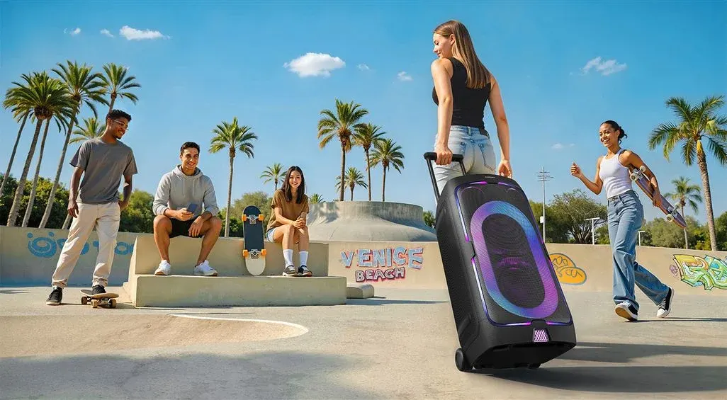 Sonniger Skatepark mit Palmen. Vier Personen, eine zieht einen schwarzen Roll-Lautsprecher mit bunten Lichtern. Zwei Skateboards, "VENICE BEACH" Graffiti.