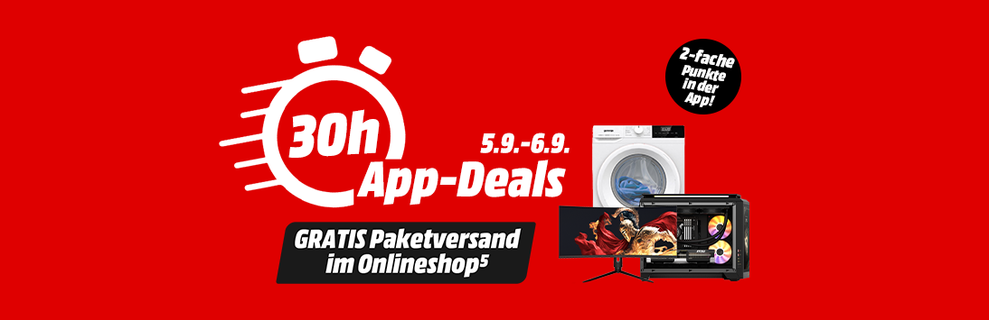 30h App-Deals. 5.9. bis 6.9. Gratis Paketversand im Onlineshop. 2-fache Punkte in der App.