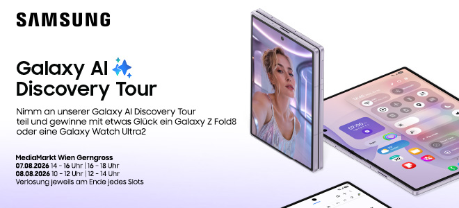 Samsung Galaxy AI Discovery Tour Banner: Galaxy Z Fold8 und Watch Ultra2 Smartwatch auf Weiß und Violett. Event MediaMarkt Wien Gerngross 07.-08.08.2026 mit Gewinnspiel. 