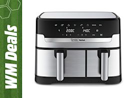 Airfryer vor weißem Hintergrund, links mit grünem „WM Deals“-Rand.