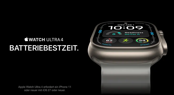 Nahaufnahme der Apple Watch Ultra 4 in Natural Titan auf schwarzem Grund mit dem Slogan Watch Ultra 4 - Batteriebestzeit.