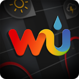 Farbiges "Wi" Logo mit blauem Wassertropfen, von Rot über Orange bis Blau verlaufend. Dunkler Hintergrund mit Wetter-Symbolen.