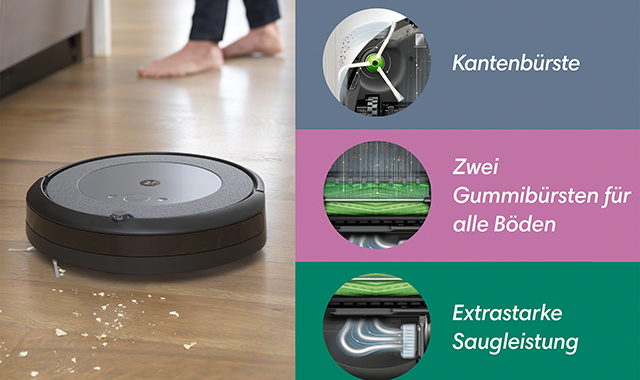 Ein runder, schwarzer Staubsauger-Roboter auf einem Holzboden, daneben Infos zu Kantenbürste, Gummibürsten und Saugleistung.