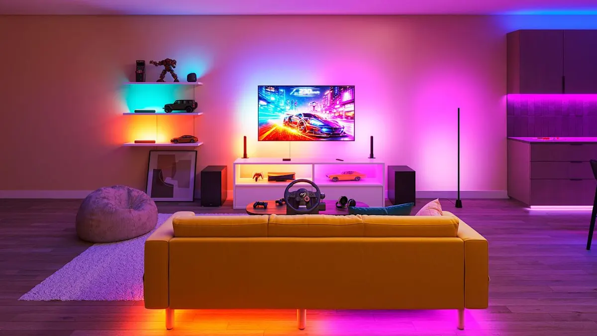 Gaming im Wohnzimmer mit farbiger Philips Hue-Beleuchtung.