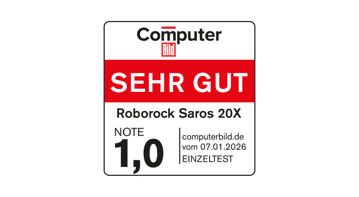 Testsiegel Computer Bild: „SEHR GUT“, Note 1,0 für Roborock Saros 20X im Einzeltest auf computerbild.de, Testdatum 07.01.2026.