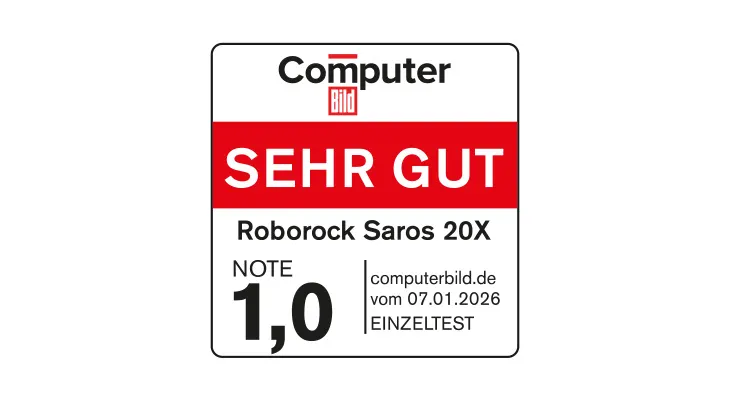 Testsiegel Computer Bild: „SEHR GUT“, Note 1,0 für Roborock Saros 20X im Einzeltest auf computerbild.de, Testdatum 07.01.2026.
