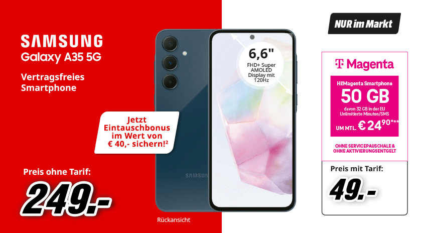 Ein blaues Samsung Galaxy A35 5G Smartphone ist auf rotem und weißem Hintergrund abgebildet. Es gibt Angebote für das Handy.