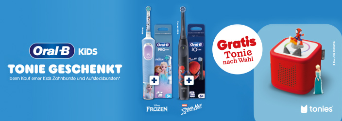 Beim Kauf einer Oral-B Kids Zahnbürste und Aufsteckbürsten bekommst du einen gratis Tonie nach Wahl. 