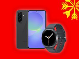 Smartphone und Smartwatch auf rotem Hintergrund, dekoriert mit gelber Schneeflocke in der Ecke.