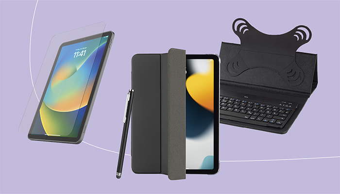 Drei Hama iPad-Zubehörprodukte auf lila Hintergrund: links ein iPad mit aufgelegter transparenter Displayschutzfolie/-glas, in der Mitte ein aufgeklapptes anthrazitfarbenes iPad-Folio-Case mit schwarzem Touchscreen-Stift (Stylus), rechts ein schwarzes iPad-Case mit integrierter Bluetooth-Tastatur und geprägtem Hama-Logo auf der Vorderseite.