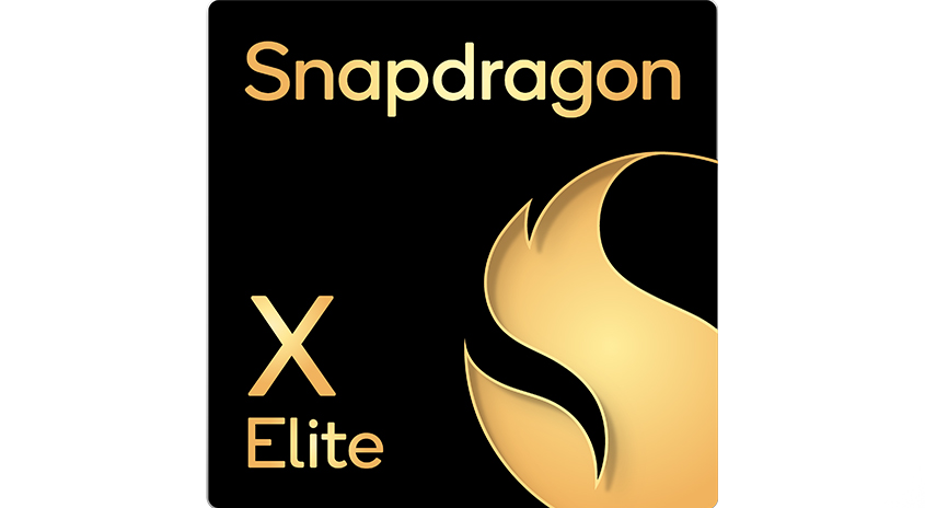 Schwarzer Hintergrund mit goldener Schrift "Snapdragon X Elite" und einem goldenen, geschwungenen Grafikdesign.