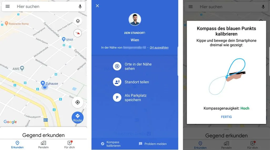 Drei Google Maps-Bildschirme: Suchfeld, Routen-Button, blaues Menü mit Profilbild, und Pop-up zur Kompasskalibrierung.