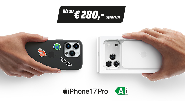Zwei Hände halten ein Apple iPhone 17 Pro. Darüber steht: ‚Bis zu 280 Euro sparen‘. Unten: iPhone 17 Pro und Energieeffizienzklasse A.