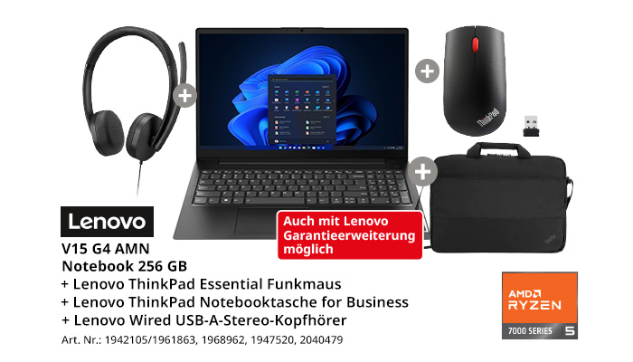 Lenovo V15 G4 AMN Notebook (256 GB) im Bundle mit ThinkPad Essential Funkmaus, ThinkPad Notebooktasche for Business und Lenovo Wired USB-A-Stereo-Kopfhörer, auf weißem Hintergrund mit dem Hinweis „Auch mit Lenovo Garantieerweiterung möglich".