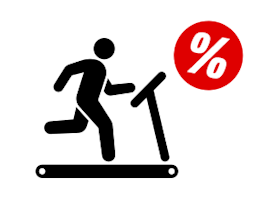 Schwarzes Symbol einer Person auf einem Laufbandes. Ein rotes Prozentzeichen auf dem Bild soll ein Hinweis auf Angebote im Bereich "Sport & Fitness" sein.