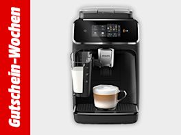 Werbebanner zu den Gutschein-Wochen mit einem Kaffeevollautomaten vor grauem Hintergrund