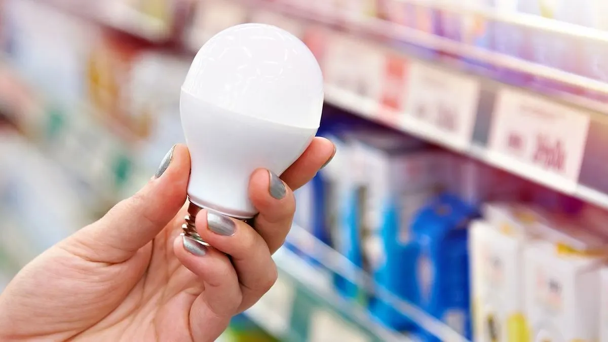 Hand hält eine LED-Glühbirne in einem Geschäft vor einem Regal mit weiteren Leuchtmitteln.