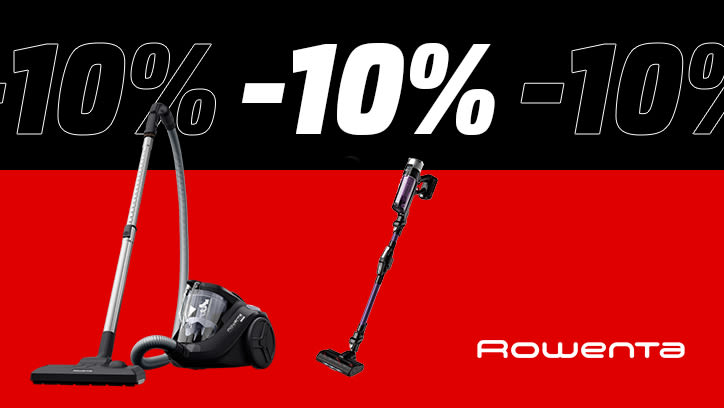 Bild mit schwarz-rotem Hintergrund. In der oberen Hälfte steht -10%. Im Bild befinden sich Produktabbildungen von einem beutellosen Staubsauger und einem Sticksauger. Rechts unten im Bild ist Rowenta-Logo zu sehen.