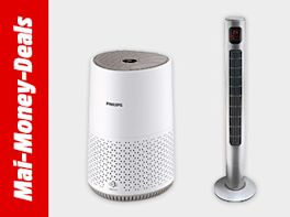 Luftreiniger und Turmventilator, weiß und silber