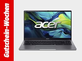 Werbebanner zu den Gutschein-Wochen mit einem Notebook vor grauem Hintergrund