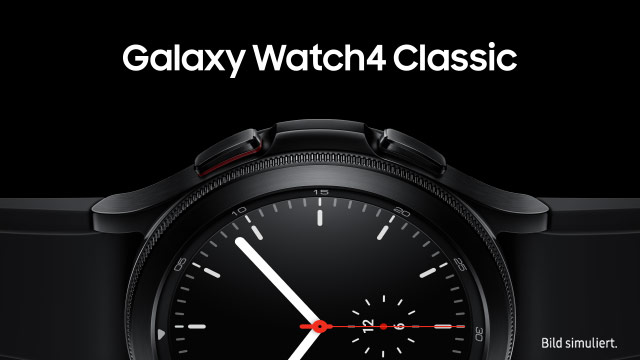 Eine schwarze Galaxy Watch4 Classic mit schwarzem Armband vor dunklem Hintergrund. Die Uhrzeit ist 4:50.