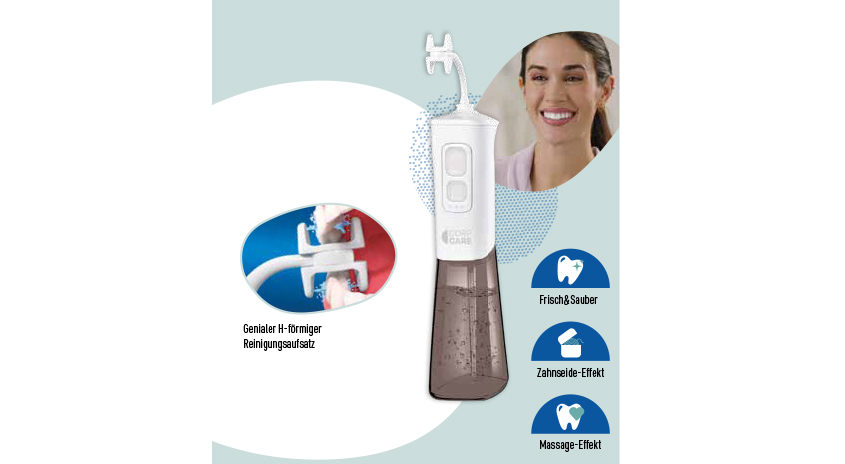 Munddusche mit H-förmigem Reinigungsaufsatz für gründliche Zahnreinigung, Zahnseide-Effekt und Massage-Effekt. Für ein frisches und sauberes Gefühl.