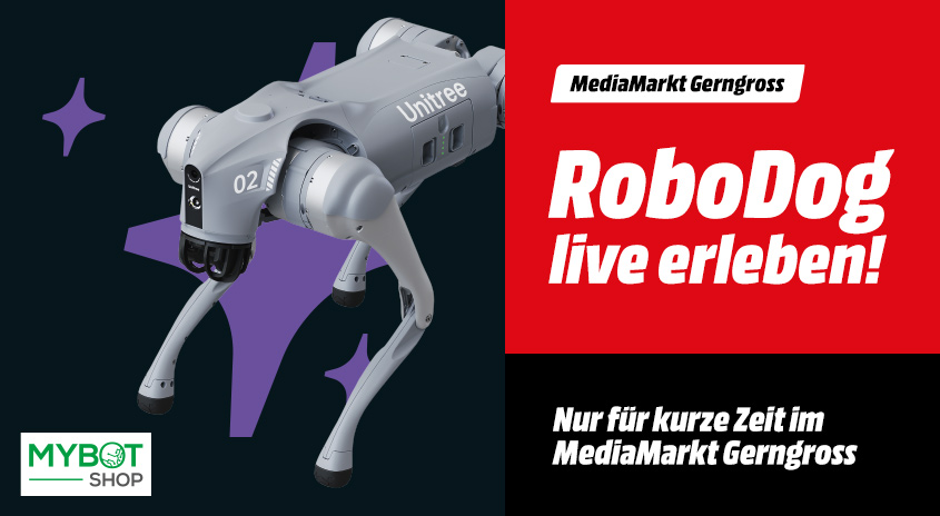 Werbegrafik mit Roboterdog Unitree und Text „RoboDog live erleben! Nur für kurze Zeit im MediaMarkt Gerngross“.