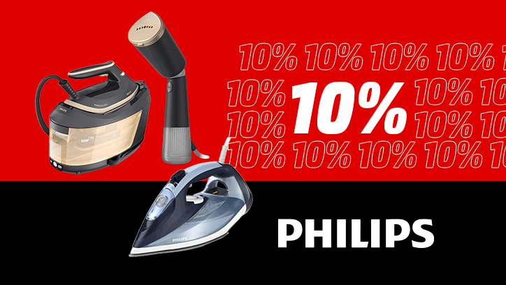 Auf dem Bild sind eine Bügeldampfstation, ein Bügeleisen und eine Dampfbürste der Marke Philips abgebildet. Diese befinden sich links im Bild vor einem Hintergrund, der im oberen Bereich rot und im unteren Bereich schwarz ist. Im roten Bereich rechts ist mehrfach in weißer Schrift „10%“ zu sehen. Im schwarzen unteren Bereich steht das Philips-Logo in weißer Schrift.