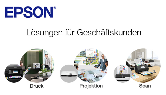 Links oben befindet sich das Epson Logo, daneben befindet sich die 3 Hauptkategorien: Druck, Projektion und Scan