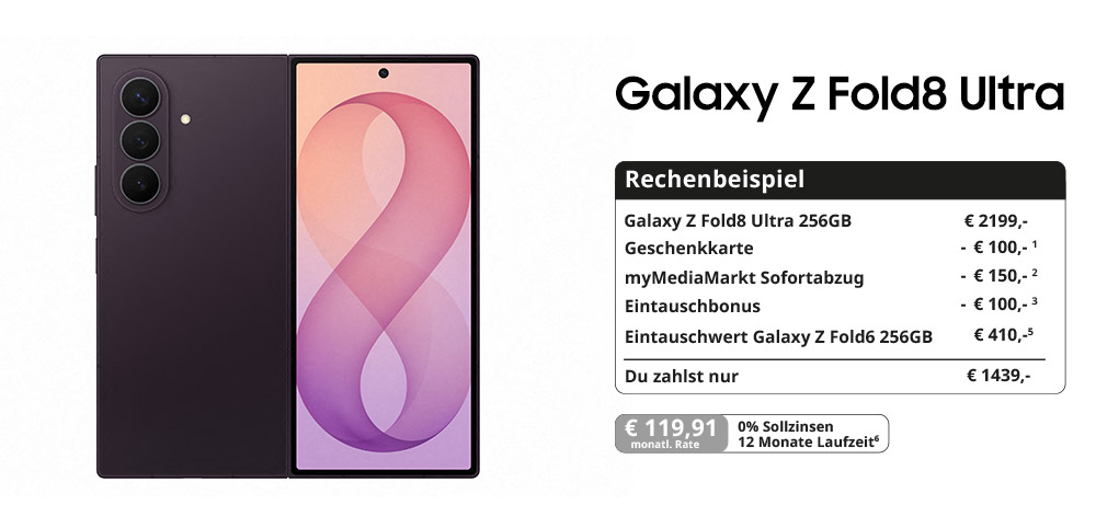 Galaxy Z Fold8 Ultra in Vilolett Shadow aufgeklappt; rechts Rechenbeispiel mit Preisvorteilen und 0 % Finanzierung.