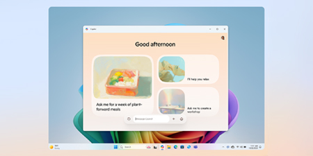 Ein geöffnetes Fenster mit dem Titel "Guten Nachmittag" zeigt Vorschläge auf einem Computerbildschirm. Der Hintergrund ist blau.