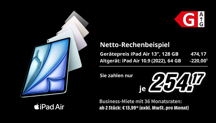 Rechenbeispiel netto exkl. MwSt. iPad Air 13" 128 GB um 474,17€ Minus Altgerät z.B. iPad Air 2022 64 GB** um 220,-. Sie zahlen nur je 254,17€.
