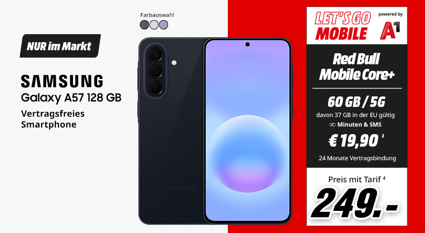 Samsung Galaxy A57 128 GB mit Red Bull Mobile Core+ Tarif, Preis 249 Euro