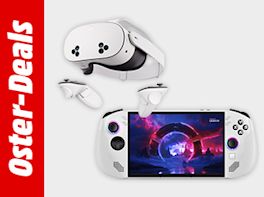 Bild mit grauem Hintergrund. Links davon steht "Oster-Deals" in weißer Schrift vor rotem Hintergrund. Rechts davon ein weißes VR-Headset samt Controller und einer weißen Handheld-Konsole