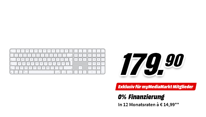 Produktbild des Apple Magic Mouse (USB C). Preis: 179,90. Darunter der Text: Exklusiv für myMediaMarkt Mitglieder 0% Finanzierung in 12 Monatsraten à 14,99**