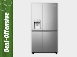 Produktbild von einem silbernen Side-by-Side-Kühlschrank mit Wasserspender in der Tür