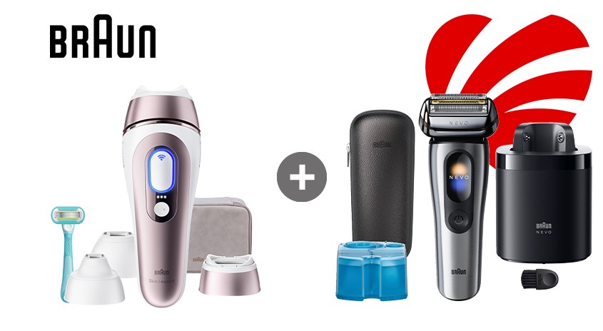 Braun IPL-Haarentfernungsgerät mit Zubehör plus Braun NEVO Rasierer mit Reinigungsstation und Reisetasche, verbunden durch Plus-Symbol.