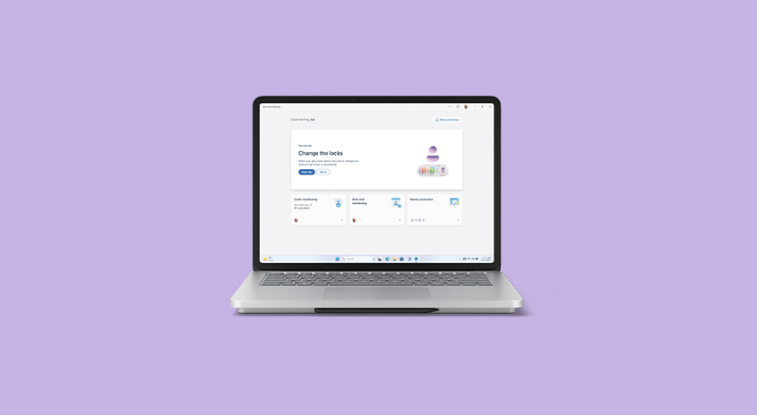 Ein Laptop mit einem hellen Bildschirm, der eine Benutzeroberfläche mit Optionen zum Anpassen anzeigt, steht vor einem lila Hintergrund.