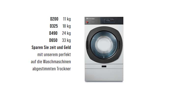 Grafik für Schulthess-Trockner: links Modellliste D200 11 kg, D325 18 kg, D490 24 kg, D650 33 kg und der Text „Sparen Sie Zeit und Geld mit unserem perfekt auf die Waschmaschinen abgestimmten Trockner“; rechts eine graue Schulthess-Frontlader-Trocknereinheit mit sichtbarem Logo.