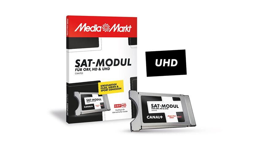 Verpackung eines MediaMarkt SAT-Moduls für ORF, HD & UHD. Das Modul selbst liegt daneben, ein schwarzes UHD-Symbol schwebt.