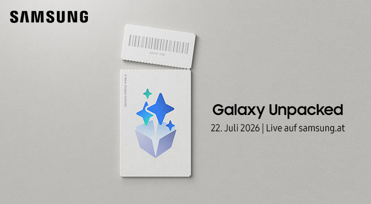 Zwei Eintrittskarten mit Sternsymbol, Text: „Galaxy Unpacked, 22. Juli 2026 | Live auf samsung.at