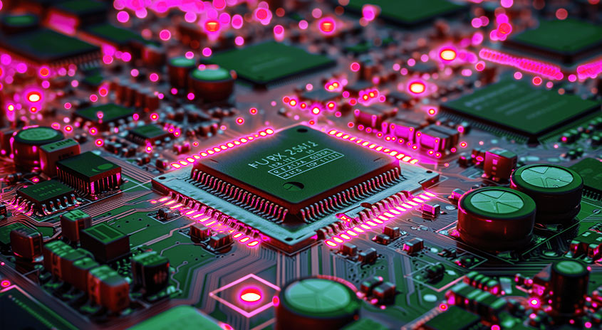 Nahaufnahme einer grünen Platine mit einem Mikrochip in der Mitte, umgeben von rosa Lichtern.