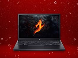 Produktbild eines Notebooks vor rot-weihnachtlichem Hintergrund.