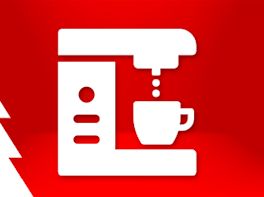 Weißes Piktogramm eines Kaffeevollautomaten vor weihnachtlich-rotem Hintergrund.