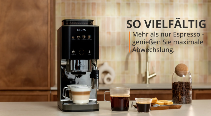 Krups Kaffeemaschine mit Espresso, Cappuccino und schwarzem Kaffee. Text: SO VIELFÄLTIG – Mehr als nur Espresso, genießen Sie maximale Abwechslung.