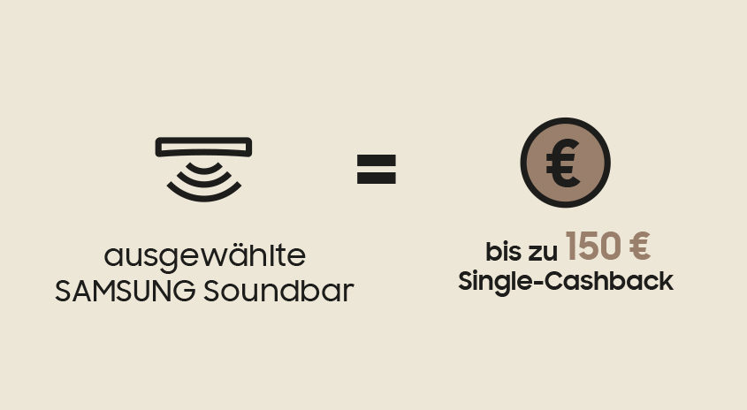 Eine Samsung Soundbar bietet bis zu 150 € Single-Cashback. Das Symbol für eine Soundbar gefolgt von einem Gleichheitszeichen und einem Eurozeichen.