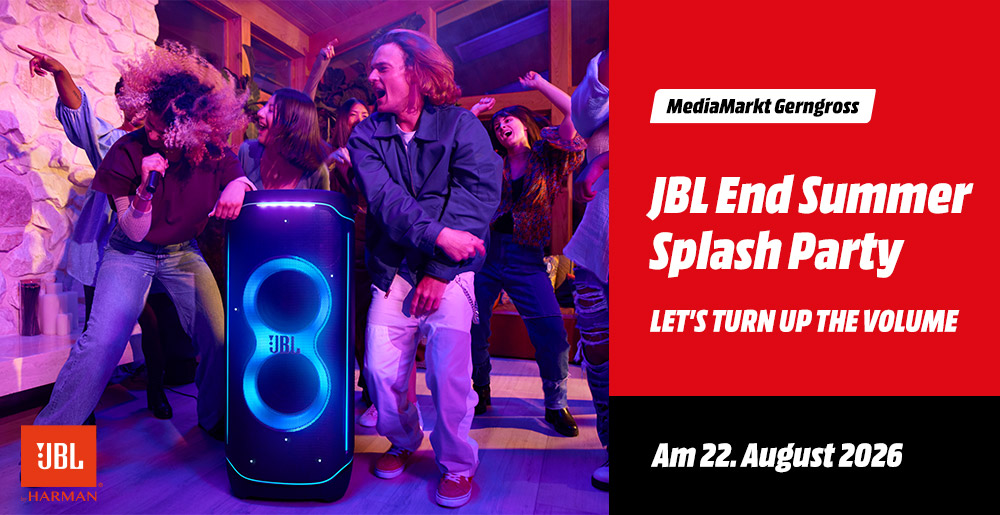 Junge Menschen feiern tanzend um einen leuchtenden JBL Lautsprecher bei der MediaMarkt JBL End Summer Splash Party am 22. August 2026.